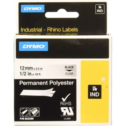 Dymo RHINO taĹ›ma poliestrowa trwaĹ‚a 12 mm czarna na przezroczystym
